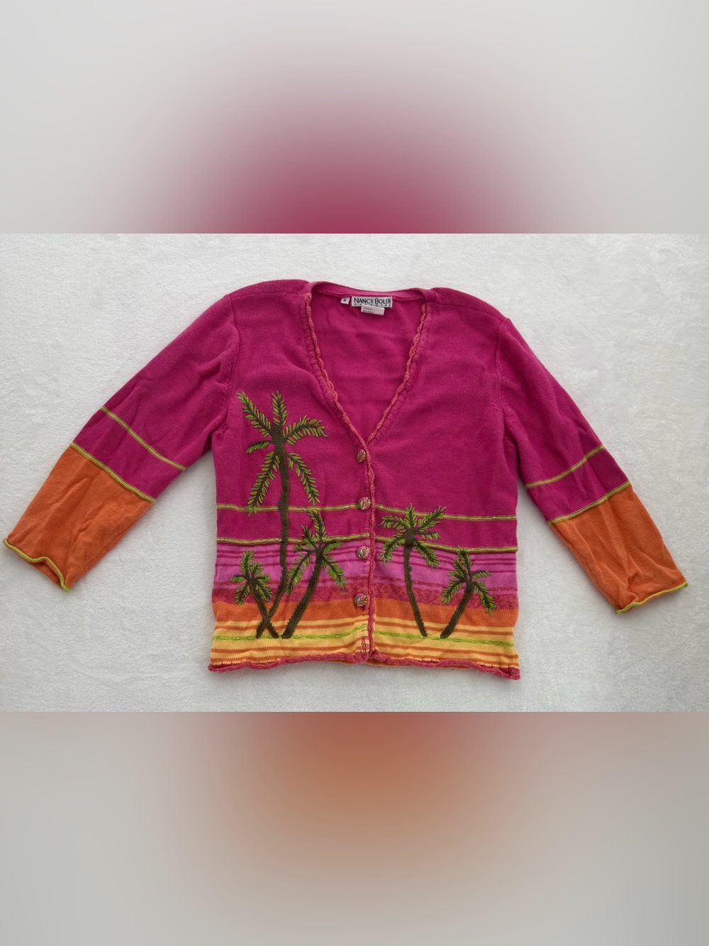 Vintage Nancy Medium Bolen City Girl Pink Palm Tree Cardigan 3/4 Sleeve Medium